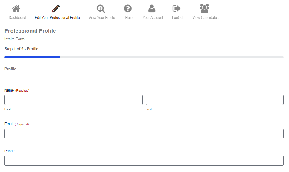 Screen shot of a recruit completing their professional profile